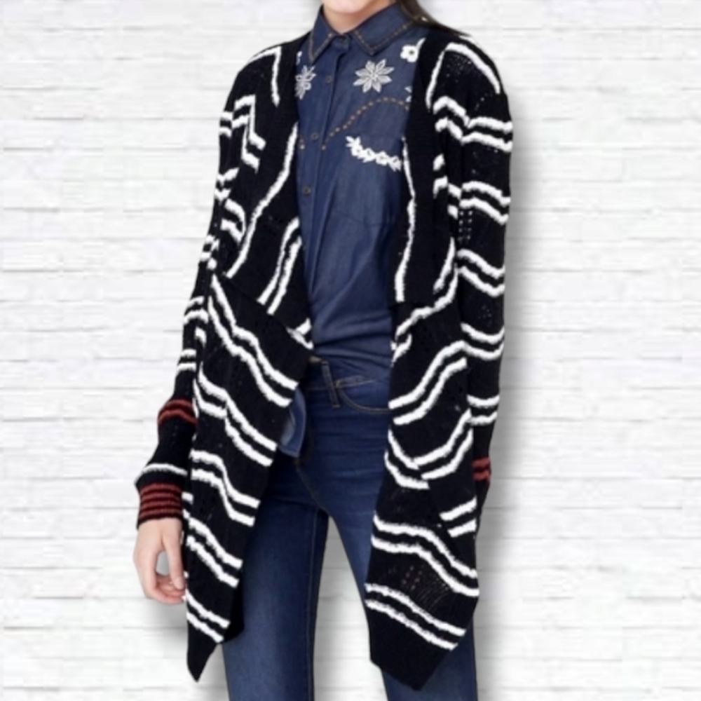 Desigual Cashel Navy Open Front Waterfall Cardigan Size S NWOT